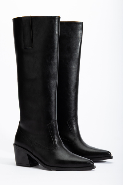 DENORA Siyah Mat Deri Düz Binici Western Kovboy Bot Çizme