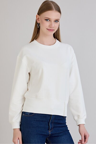 Sortie Fusta de damă cu trei nasturi și tricotaj cu striații piese guler rotund culoare ecru basic Swea tricou