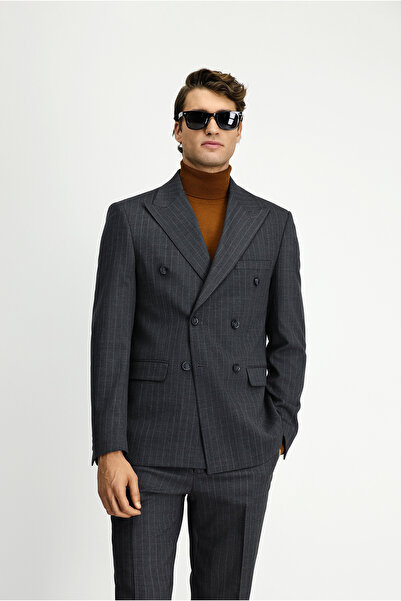 Kiğılı Slim Fit Striped Wool Double Breasted Closure Suit