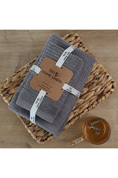 TEOHOMELİNENS Double Jacquard Bath Towel Set, 70X140 Cm, Geometric Pattern, 20/ Ring Karde, 600 Gsm - Smoke Gray