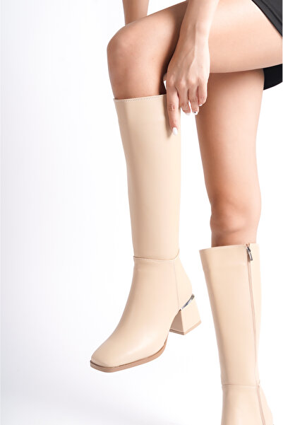 Limeo Women's Below the Knee Nut Heeled Shiny Detailed Zippered Leather Look Long Boots