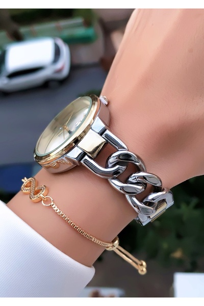 Homies Altın Gümüş Renk Zincir Model Kadın Kol Saati Bileklik Hediyeli