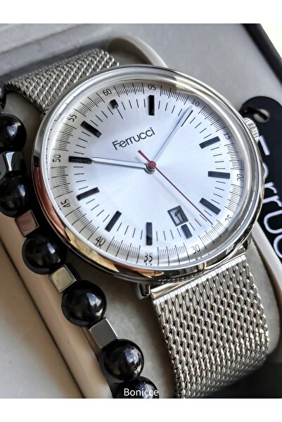 Ferrucci Marka Gümüş Renk Çelik Kordon, Beyaz Kadran, Takvimli, Fonksiyonlu Erkek Kol Saati+Bileklik Tesbih