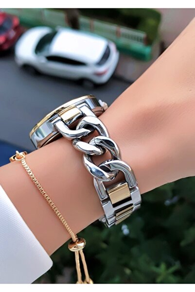 Homies Altın Gümüş Renk Zincir Model Kadın Kol Saati Bileklik Hediyeli