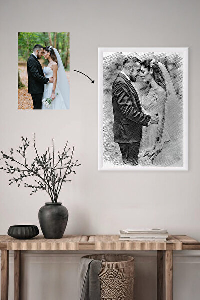 HİNA Kişiye Özel Sketch Stil Çerçeve, Karakalem Görünümlü Lamine Çerçeveli Fo...