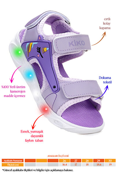 Kiko Kids Unicorn Günlük Işıklı Cırtlı Kız Çocuk Sandalet Ayakkabı