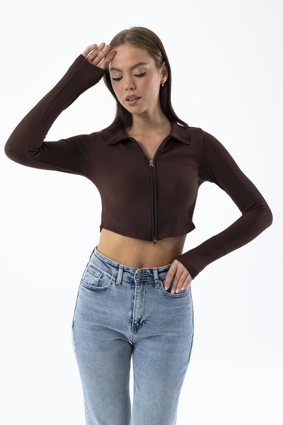 GİYSA Women's Polo Neck Double Zipper Crop Sweatshirt Brown - 26K 1785
