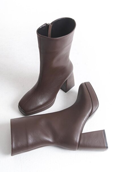 LDR Γυναικείες μπότες με τακούνι καφέ πλατφόρμα