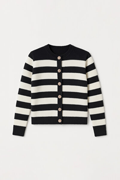 Eazy Co Eazystudio+ Women's Black and White Striped Basic Buttoned Knit Sweater Cardigan