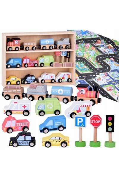indiggo Woodentoycars Wooden Car Set, Includes Storage Shelf, City Car Mat