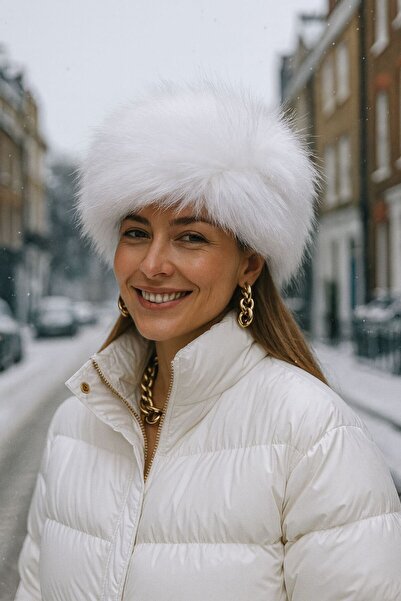 FELLMENS Pălărie de damă din blană albă cu model inimă