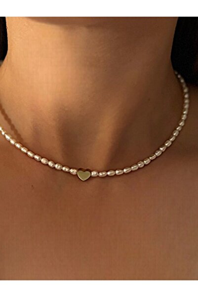 By Saadet Özkanlı Küçük Inci Kolye Gerçek 3 Mm Arpa Inci Kalpli Kolye( Doğal Inci Tatlısu Incisi )choker,,metal Çelik
