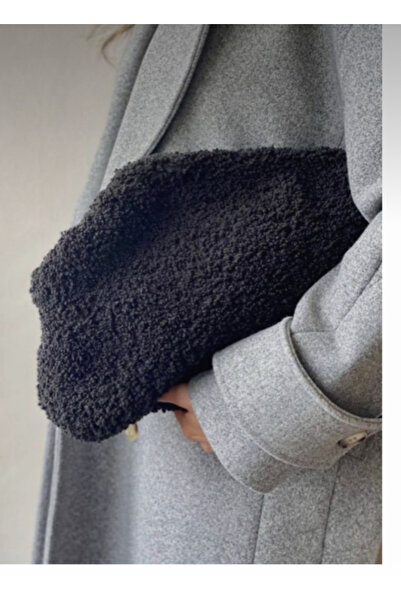 By G Tasarım Siyah Teddy Burslu Clutch Çanta
