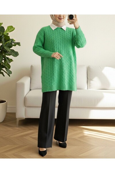 Modamorfo Round Neck Hair Knit Slit Knitwear Tunic -Green