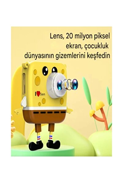 qasul Sünger Bob Tasarımlı Yeni Nesil Çocuk Dijital Mini Fotoğraf Makinesi Çift Kameralı