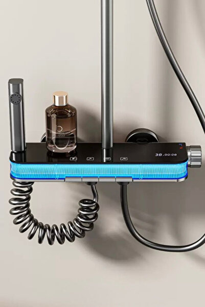 OXYAQUA Aura-Dijital Led Göstergeli Piyano Tuşlu Termostatik Banyo Batarya Duş Sistemi Tepe Duş Seti