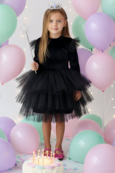 Parla Kids Kız Bebek Pearly Siyah Uzun Kollu Kadife Tüllü Tütü Düğün Doğum Günü Parti 23 Nisan Elbisesi