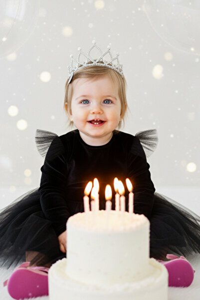 Parla Kids Kız Bebek Pearly Siyah Uzun Kollu Kadife Tüllü Tütü Düğün Doğum Günü Parti 23 Nisan Elbisesi