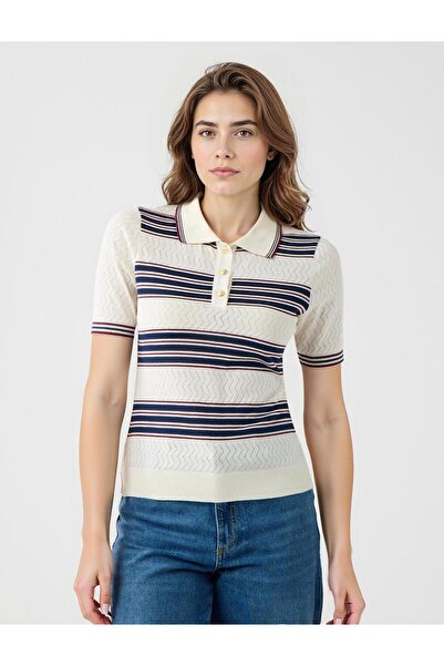 Jimmy Key Ecru Shirt Collar Striped Short Sleeve Knitted T-Shirt