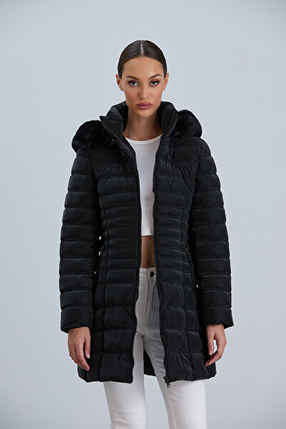 PIQUE Women's Black Coat with Detachable Hood, Fur Detail, and Belted Women's Coat