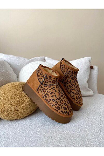 Büşra Sultan Ayakkabı & Çanta Taba Leopar İçi Peluş Kürklü Kalın Taban Kısa Bot