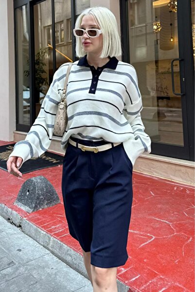 Madmext Pulover pentru femei cu guler polo cu dungi de culoare osie Mg2476