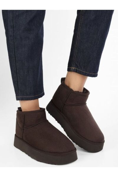 ICELAKE Tessoro Kadın Süet Taba Süper Mini Kalın Düz Tabanlı Tüylü Kısa Yarım Bot