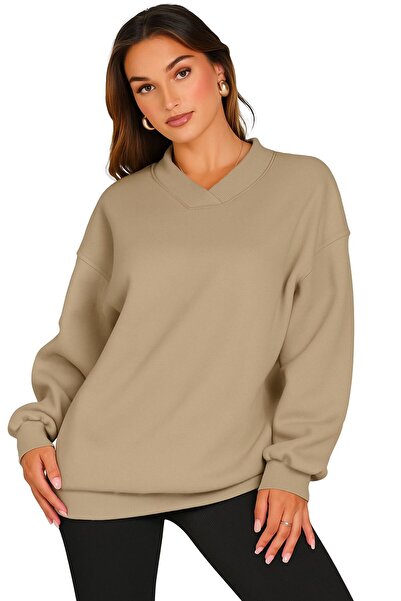 DM DOLCE MORE سويت شيرت بأكمام طويلة ورقبة على شكل حرف V مقاس كبير