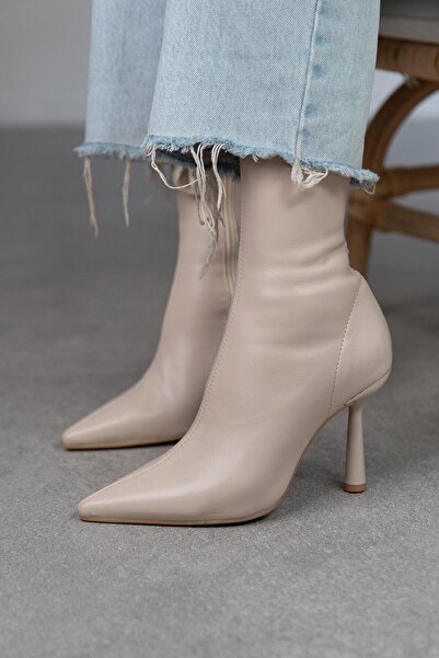 dabab shoes Γυναικείες μπότες Marya Beige Stretch με φερμουάρ στο πλάι με μυτερή μύτη με λεπτό τακούνι