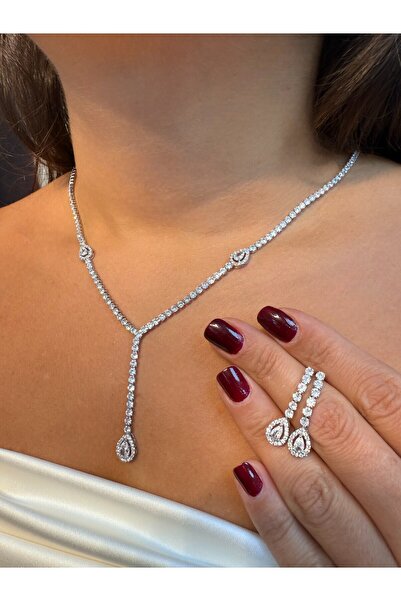 i-k global ticaret Adora Baget Taşlı Set Su Yolu Kolye Küpe Set Çelik Laboratuvar Pırlantası Abiye Set