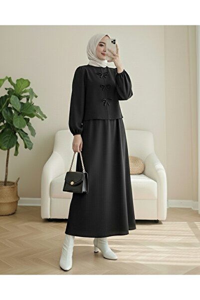 Modamorfo Scuba Suit with Bow Detail and Skirt on the Front - Black