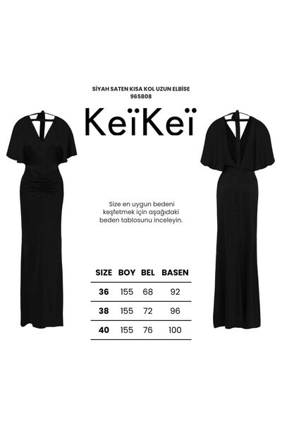 Keikei Siyah saten kısa kol uzun elbise