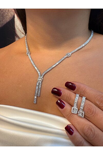 i-k global ticaret Lara Baget Taşlı Set Su Yolu Kolye Küpe Set Çelik Laboratuvar Pırlantası Abiye Set