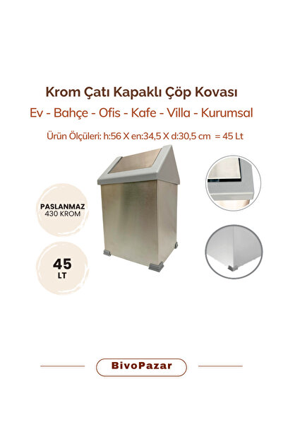 Palex Krom Sallanır Çatı Kapaklı Çöp Kovası 45 Lt