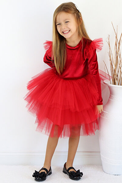 Parla Kids Kız Çocuk Pearly Kırmızı Uzun Kollu Kadife Tüllü Tütü Doğum Günü Parti 23 Nisan Elbisesi