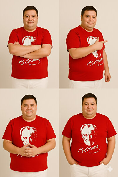 Sibel Günay Butik Atatürk Baskılı Unisex Büyük Beden Kırmızı Tişört | %100 Pamuk | Bisiklet Yaka