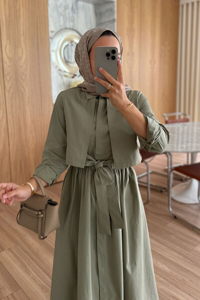 Ka Hijab Gömlek Yaka Kuşaklı Poplin Elbise - Yeşil