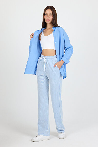 Miyalon Kadın Su Yolu Çizgili Lastikli Bol Paça Pantolon Eşofman Altı – Yazlık Rahat Stil ve Günlük Şıklık