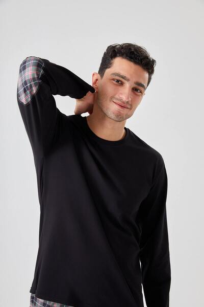 koza iç giyim Erkek Pamuklu Uzun Kollu Yamalı Ekose Desenli Pijama Takımı