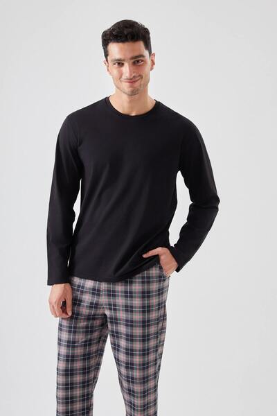 koza iç giyim Erkek Pamuklu Uzun Kollu Yamalı Ekose Desenli Pijama Takımı