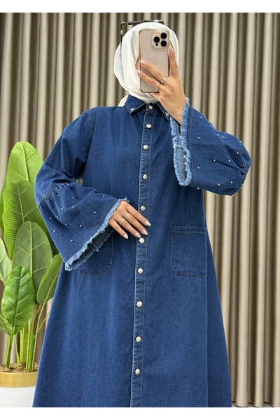 Genel Markalar Kadın Tesettür Kot Tunik, İncili Kol Detaylı Düğmeli Uzun Deni...