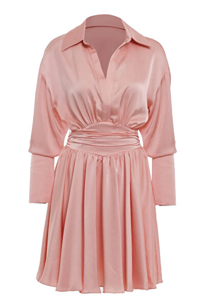 Keikei Pudra saten uzun kol kısa elbise