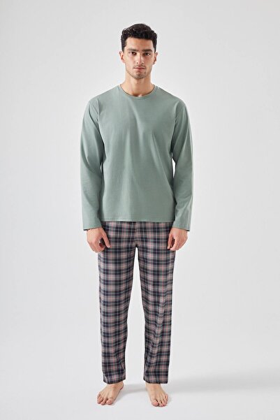 koza iç giyim Men's Cotton Long Sleeve Patched Plaid Patterned Pajama Set