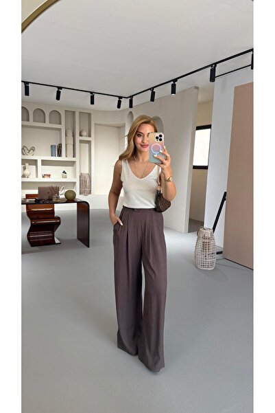 Sezgi Tekin Бел Ластіклі Пілісе Детай Каве Кетен Палаццо Пантолон