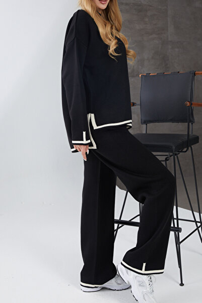 DPARİS Striped Short Front Long Back Sweater Pants Knitwear Two-Piece Set