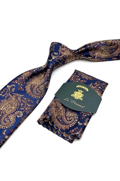 Kravatkolik Lacivert Şal Desen Mendilli Klasik Kravat KK13122