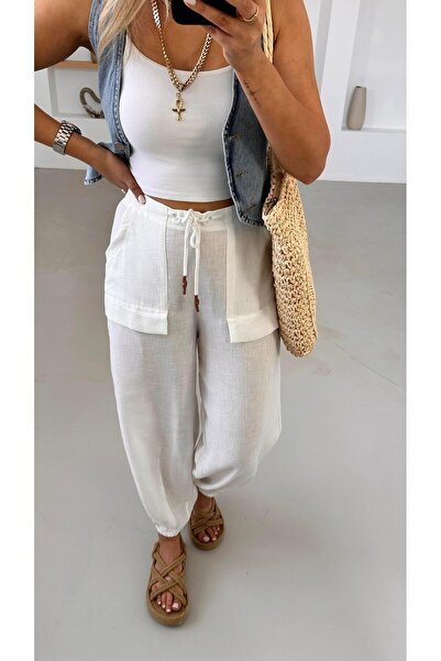 Sezgi Tekin Beli Lastikli Beyaz Ham Keten Jogger Pantolon