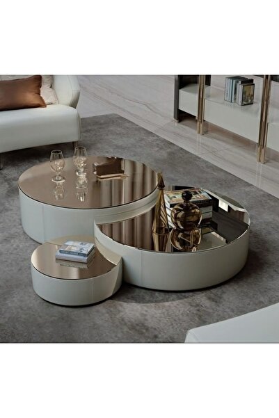 LUXURY VİLLA LUXURY YANLARI SUNİ DERİ ÜSTÜ BRONZ AYNALI TEKERLEKLİ 3LÜ ORTA SEHPA