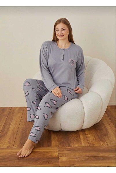 Eyfuze Γυναικεία Σετ Πιτζάμες με μακρυμάνικο γιακά με κουμπιά με κέντημα με καμπύλες