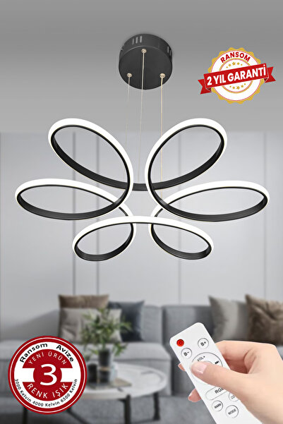 RANSOM 3 Renk Kumandalı Siyah Kasa Büyük Salon & Oda Avizesi Topsuz Papatya Ledli Avize